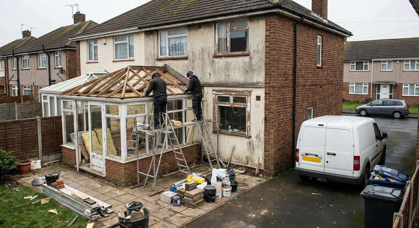 Workers removing conservatory roof exposing timber frame ready for new roof