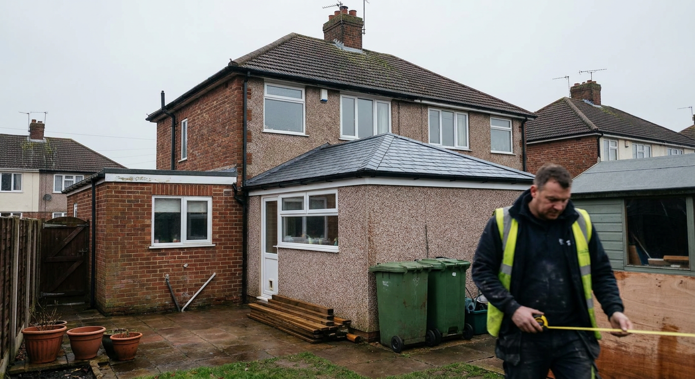 Rear extension with a newly finished solid tiled conservatory roof on a UK semi-detached house